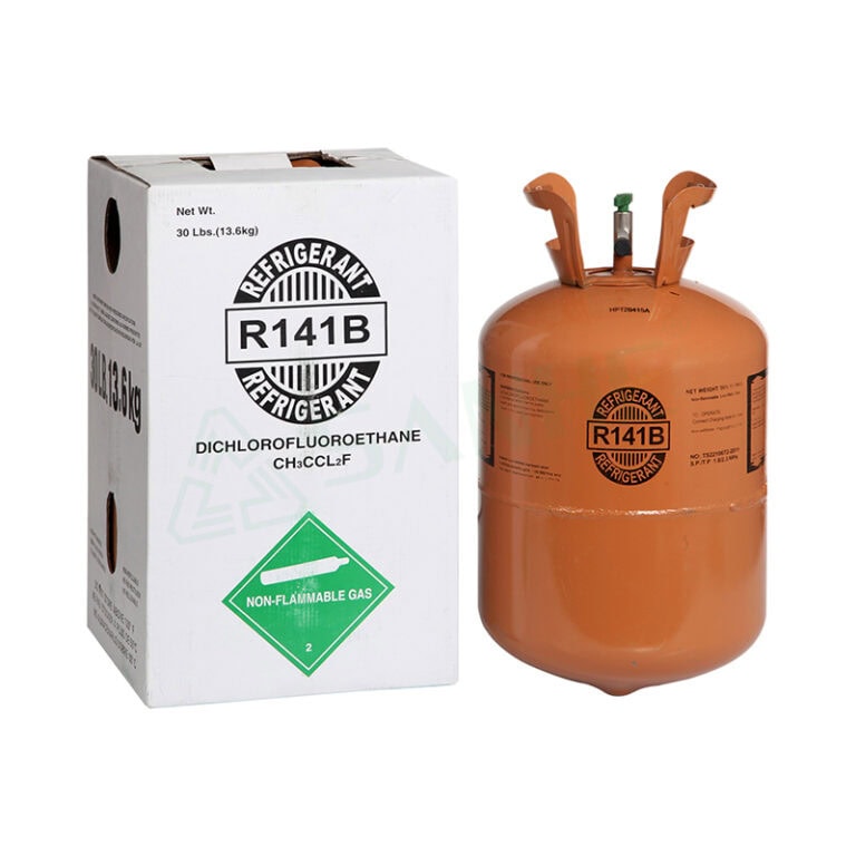 R141B refrigerant gas cylinder with packaging box, used for HVAC systems, non-flammable gas, 30 lbs capacity, suitable for refrigeration applications.